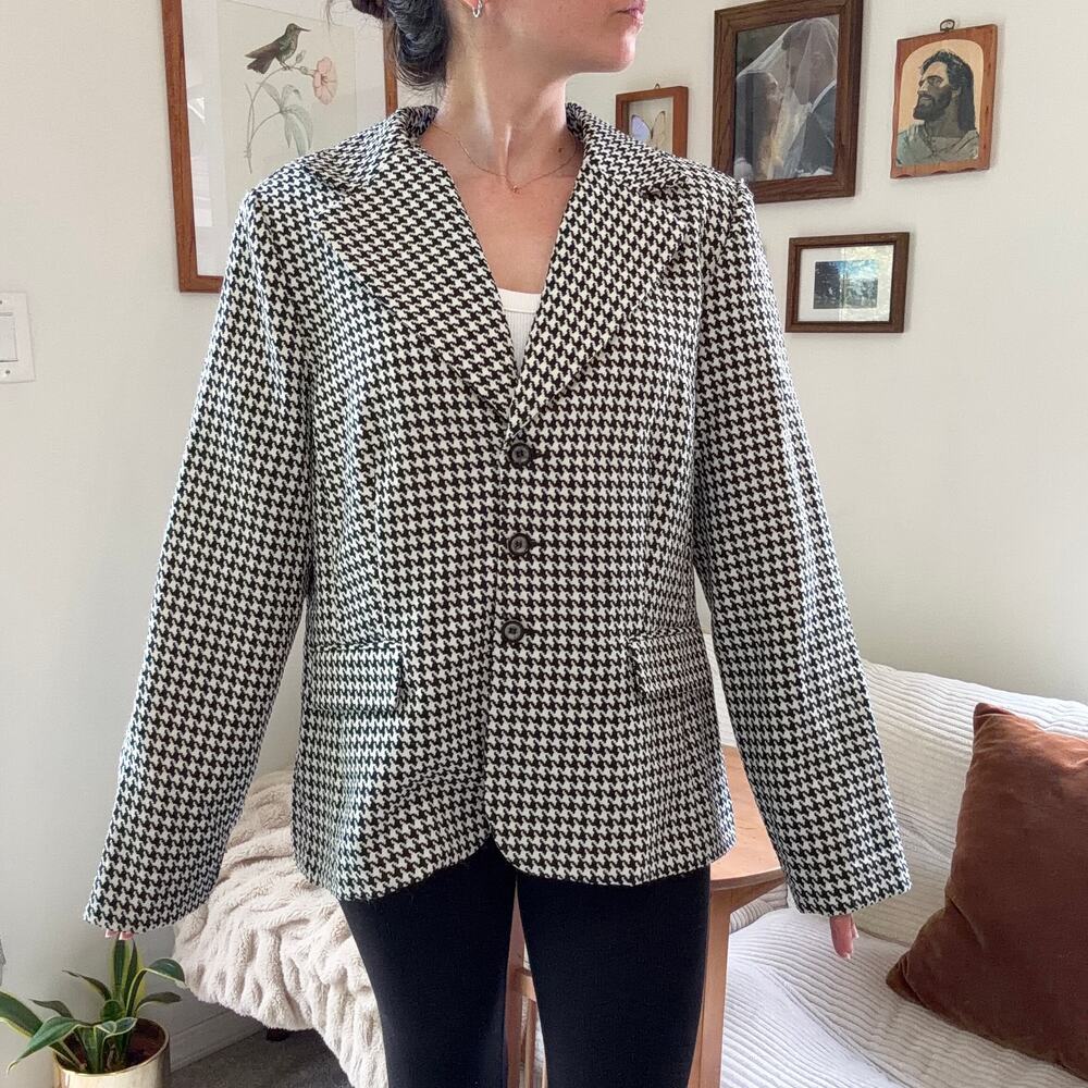 Vintage Houndstooth Blazer Jacket Black White Size 16 (XL) Lightly Structured